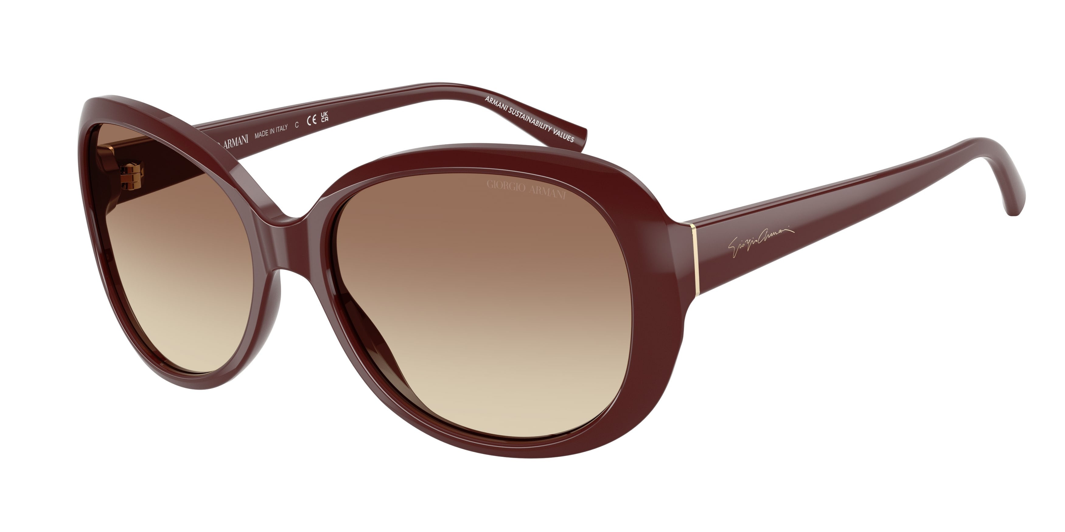 Occhiali da sole Giorgio Armani AR 8047 (639913) colore borgogna tinta unita forma rotondo lenti marrone sfumato