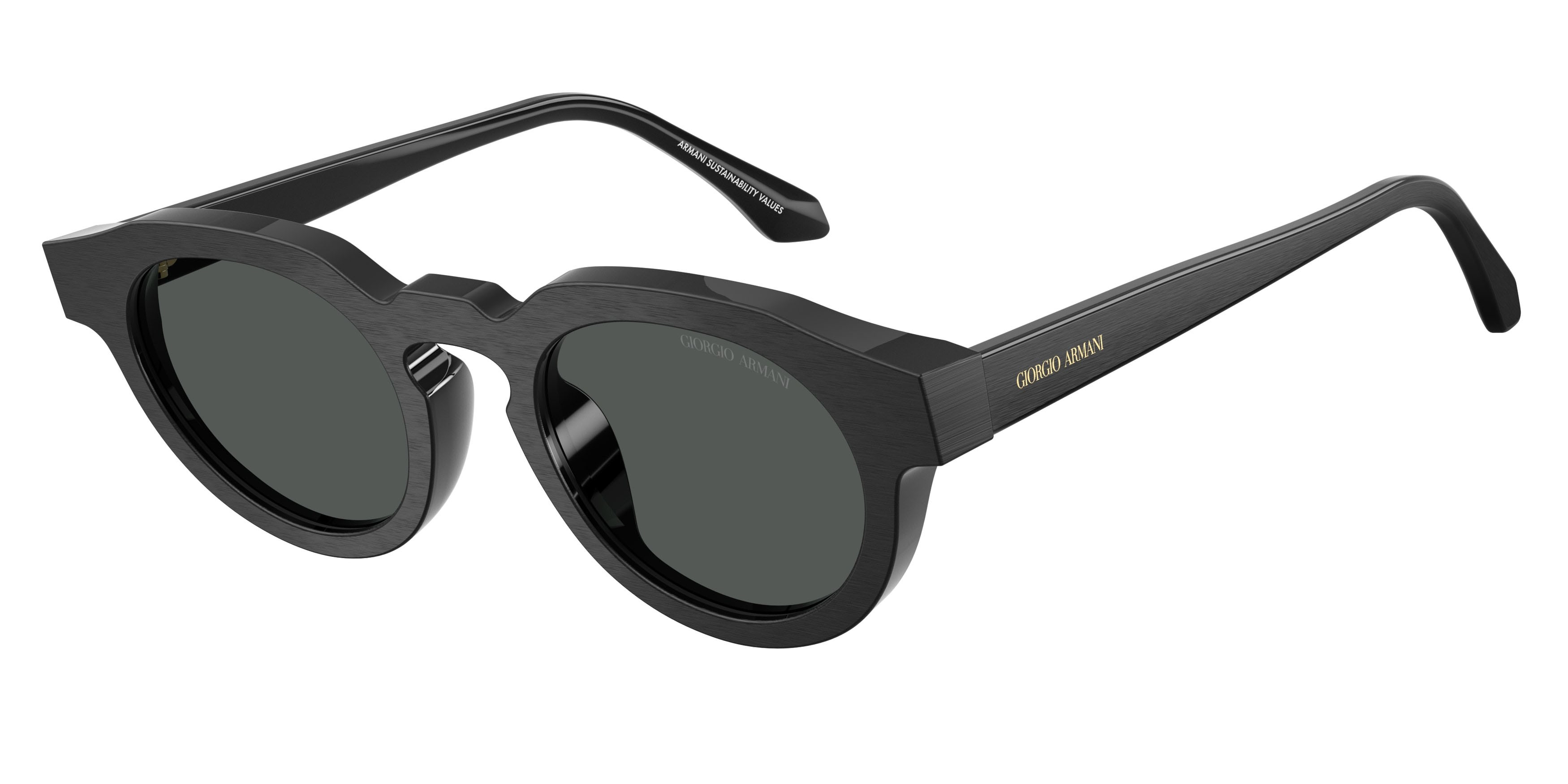 Sunglasses Giorgio Armani AR 8255U (500987) color nero spazzolato shape round lenses grigio scuro