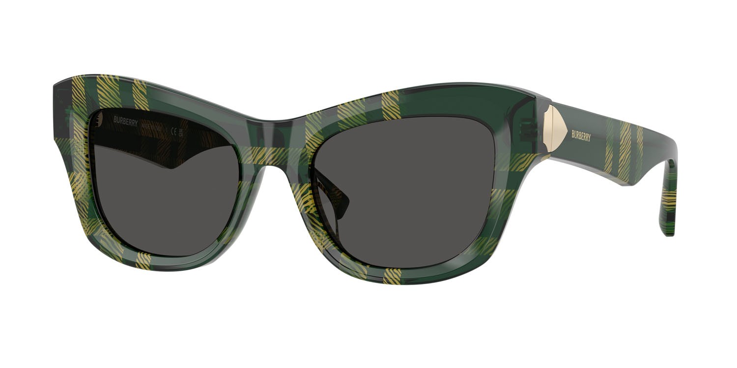 Occhiali da sole Burberry BE 4442U (412587) colore motivo a quadri verde forma cat eye lenti grigio scuro