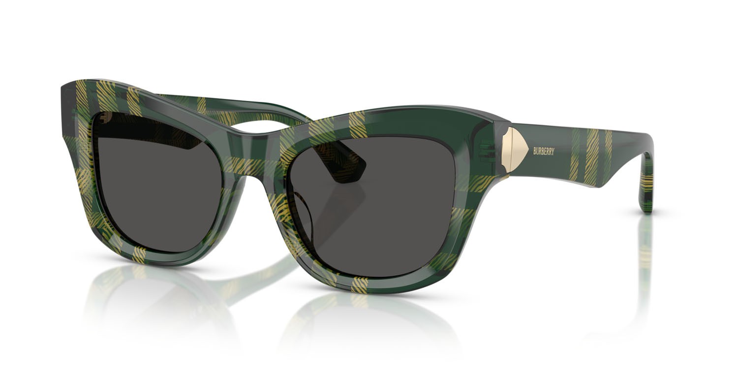 Occhiali da sole Burberry BE 4442U (412587) colore motivo a quadri verde forma cat eye lenti grigio scuro