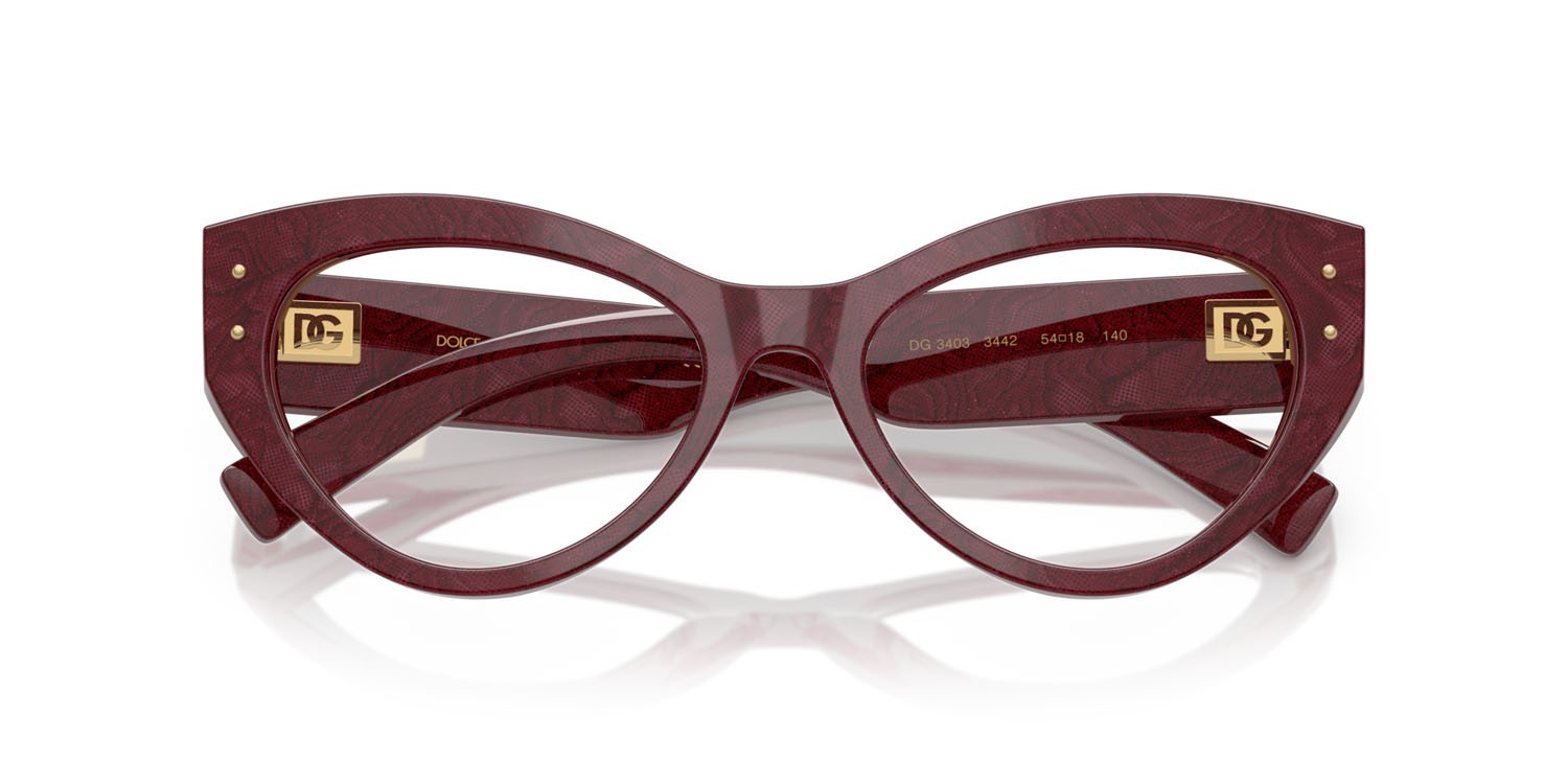 Occhiali da vista Dolce & Gabbana DG 3403 (3442) colore bordeaux pizzo forma cat eye lenti lente demo