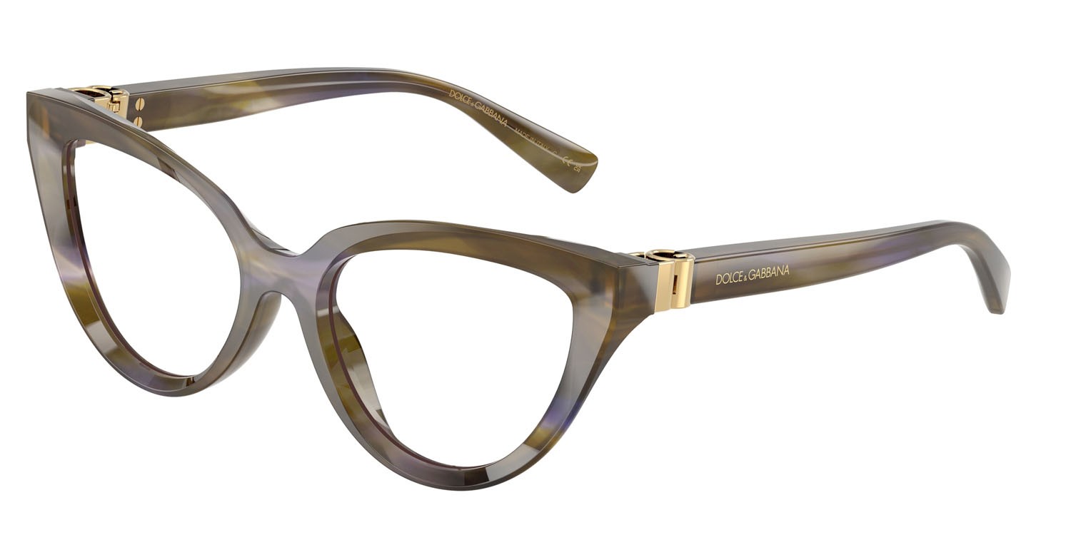 Occhiali da vista Dolce & Gabbana DG 3414 (3447) colore verde oliva striato forma cat eye lenti lente demo