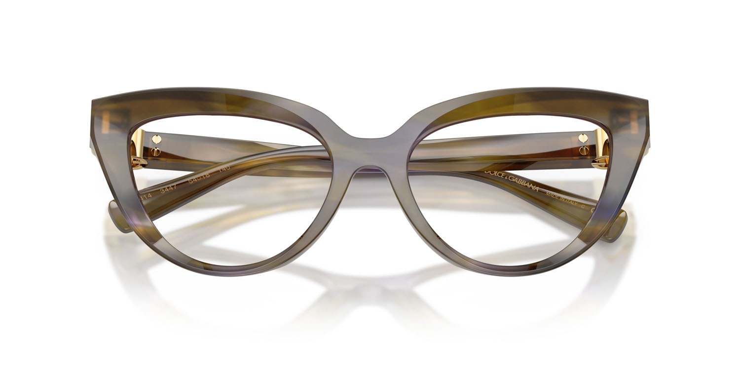 Occhiali da vista Dolce & Gabbana DG 3414 (3447) colore verde oliva striato forma cat eye lenti lente demo