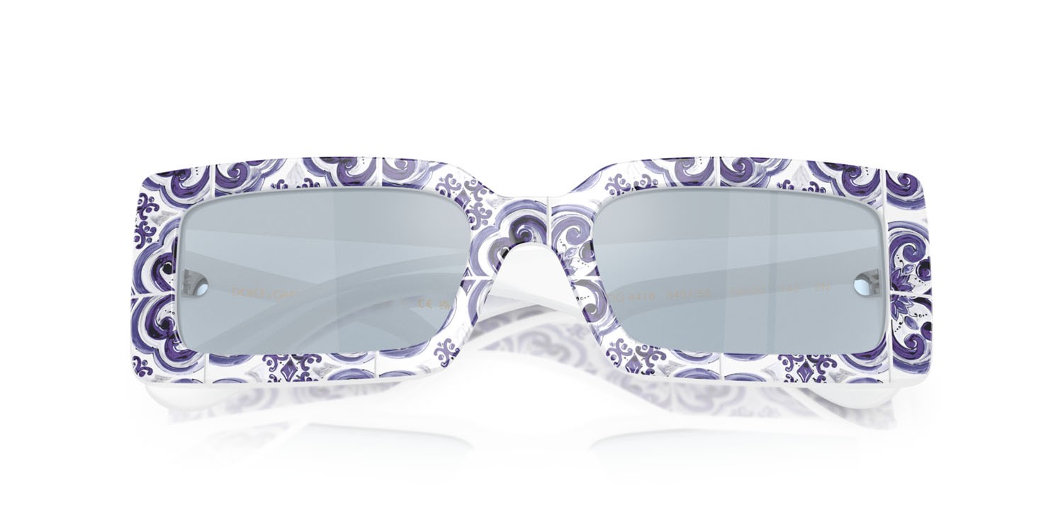 Sunglasses Dolce & Gabbana DG 4416 (345155) color maiolica blu su bianco shape rectangle lenses azzurro specchiato argento