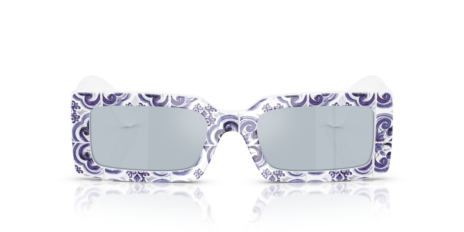 Sunglasses Dolce & Gabbana DG 4416 (345155) color maiolica blu su bianco shape rectangle lenses azzurro specchiato argento