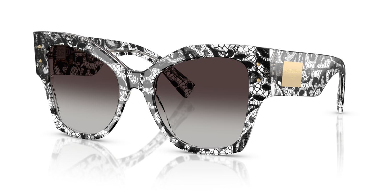 Sunglasses Dolce & Gabbana DG 4478 (32878G) color pizzo nero shape cat eye lenses grigio sfumato nero