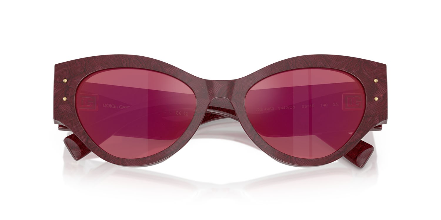 Sonnenbrillen Dolce & Gabbana DG 4480 (3442D0) farbe bordeaux pizzo form schmetterling gläser viola scuro specchiato rosso