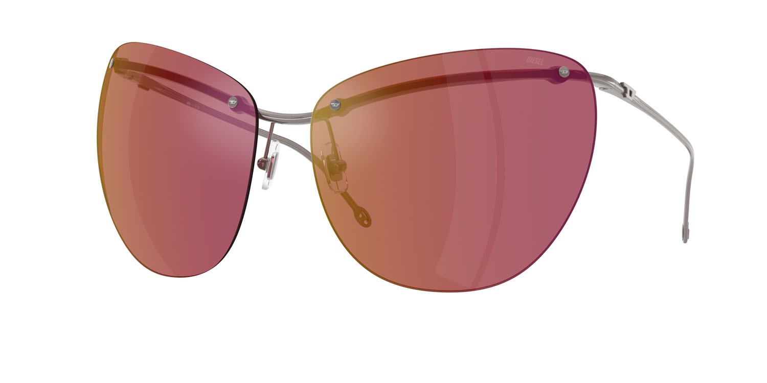 Occhiali da sole Diesel DL 1007 (115/D0) colore gunmetal sabbiato forma cat eye lenti viola scuro specchiato rosso
