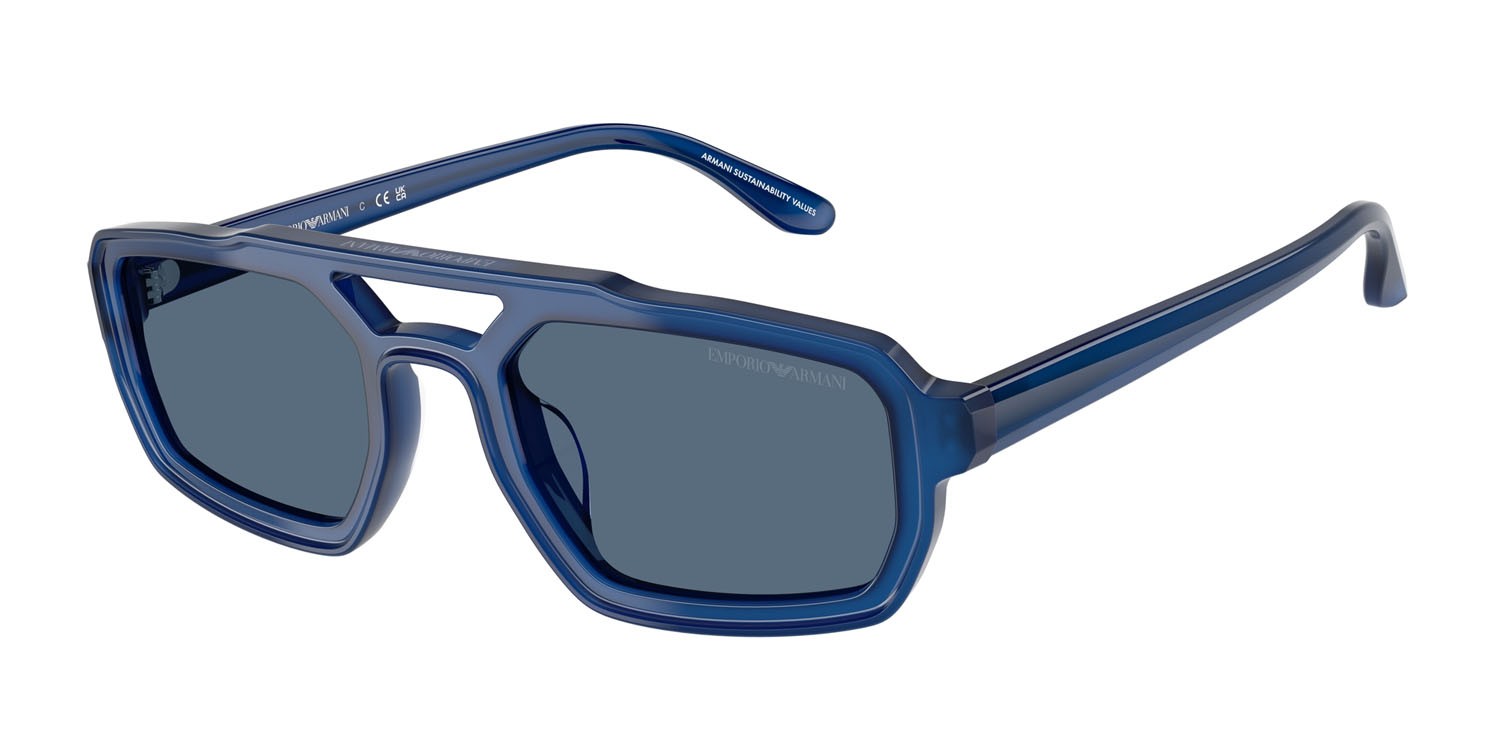 Occhiali da sole Emporio Armani EA 4240U (620180) colore blu opalino brillante forma irregolare lenti blu scuro