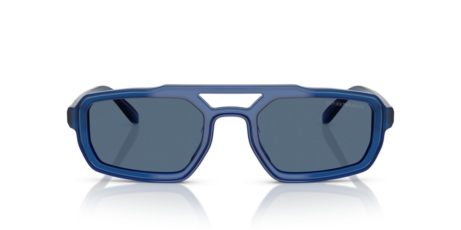 Occhiali da sole Emporio Armani EA 4240U (620180) colore blu opalino brillante forma irregolare lenti blu scuro