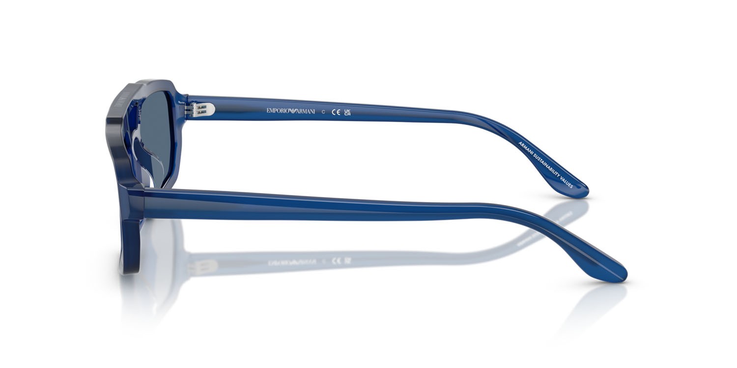 Occhiali da sole Emporio Armani EA 4240U (620180) colore blu opalino brillante forma irregolare lenti blu scuro