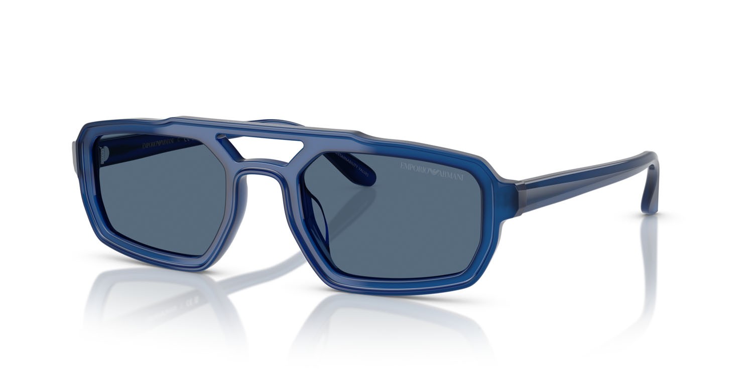 Occhiali da sole Emporio Armani EA 4240U (620180) colore blu opalino brillante forma irregolare lenti blu scuro