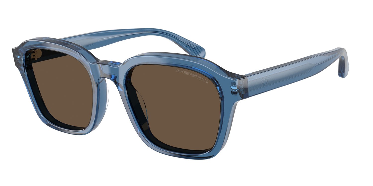 Occhiali da sole Emporio Armani EA 4245U (624787) colore blu trasparente lucido forma irregolare lenti marrone tinta unita
