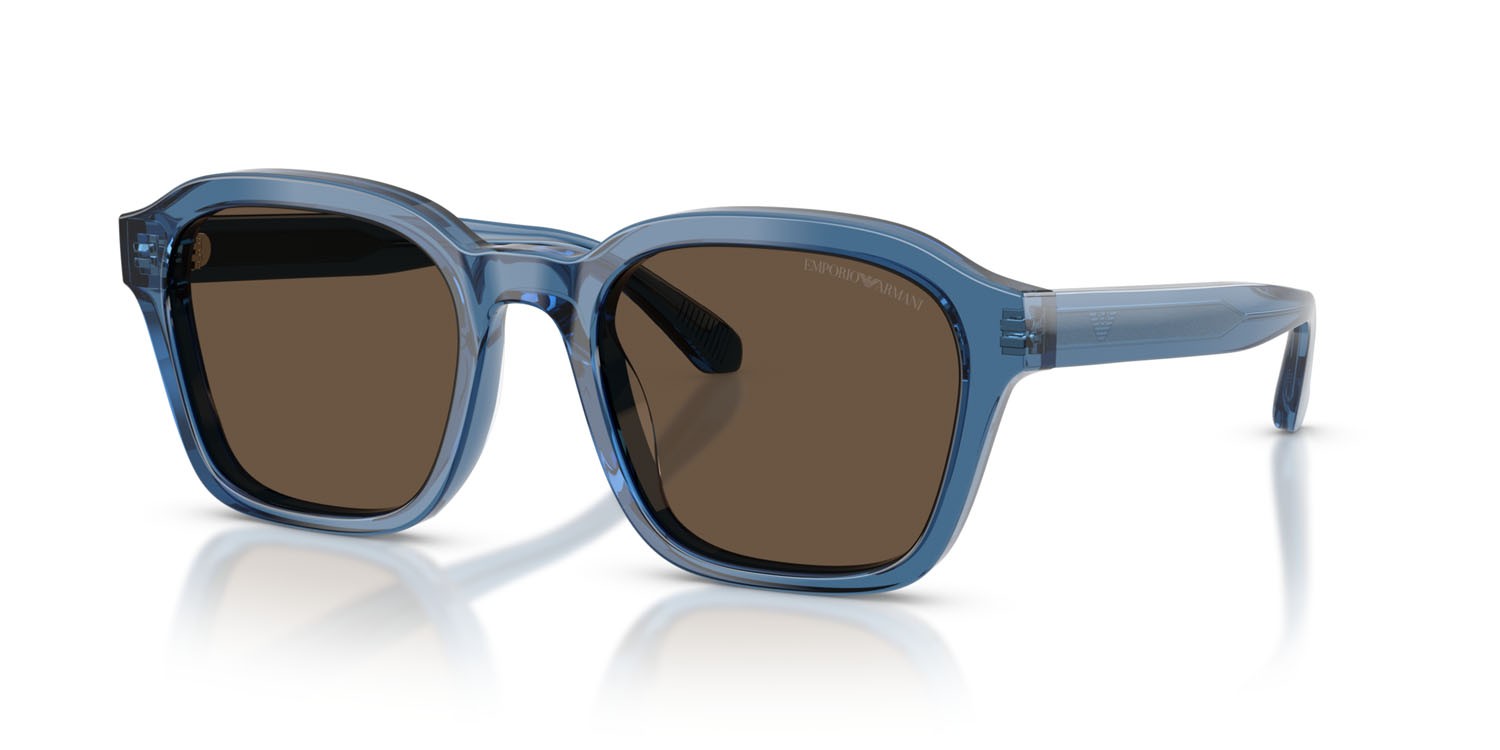Occhiali da sole Emporio Armani EA 4245U (624787) colore blu trasparente lucido forma irregolare lenti marrone tinta unita
