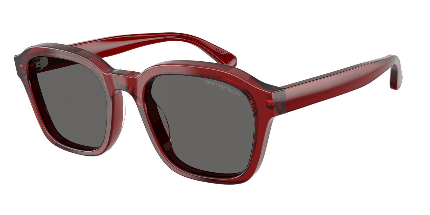 Occhiali da sole Emporio Armani EA 4245U (624887) colore rosso brillante trasparente forma irregolare lenti grigio