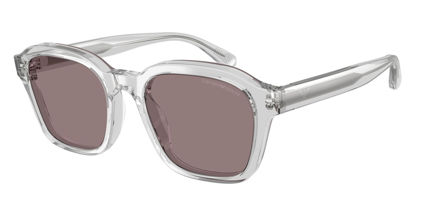 Occhiali da sole Emporio Armani EA 4245U (62507N) colore trasparente cristallo lucido forma irregolare lenti marrone violetto