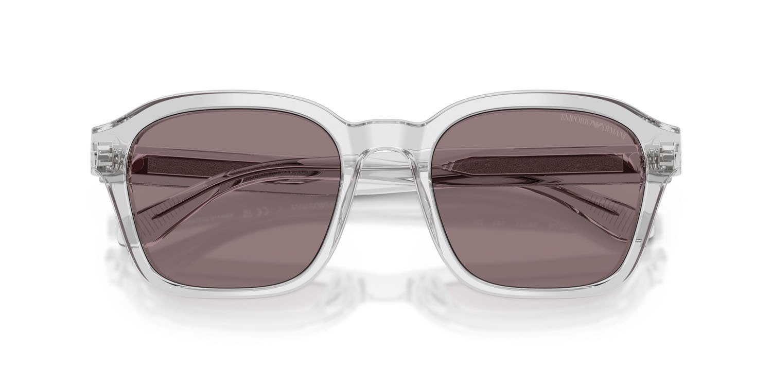 Occhiali da sole Emporio Armani EA 4245U (62507N) colore trasparente cristallo lucido forma irregolare lenti marrone violetto