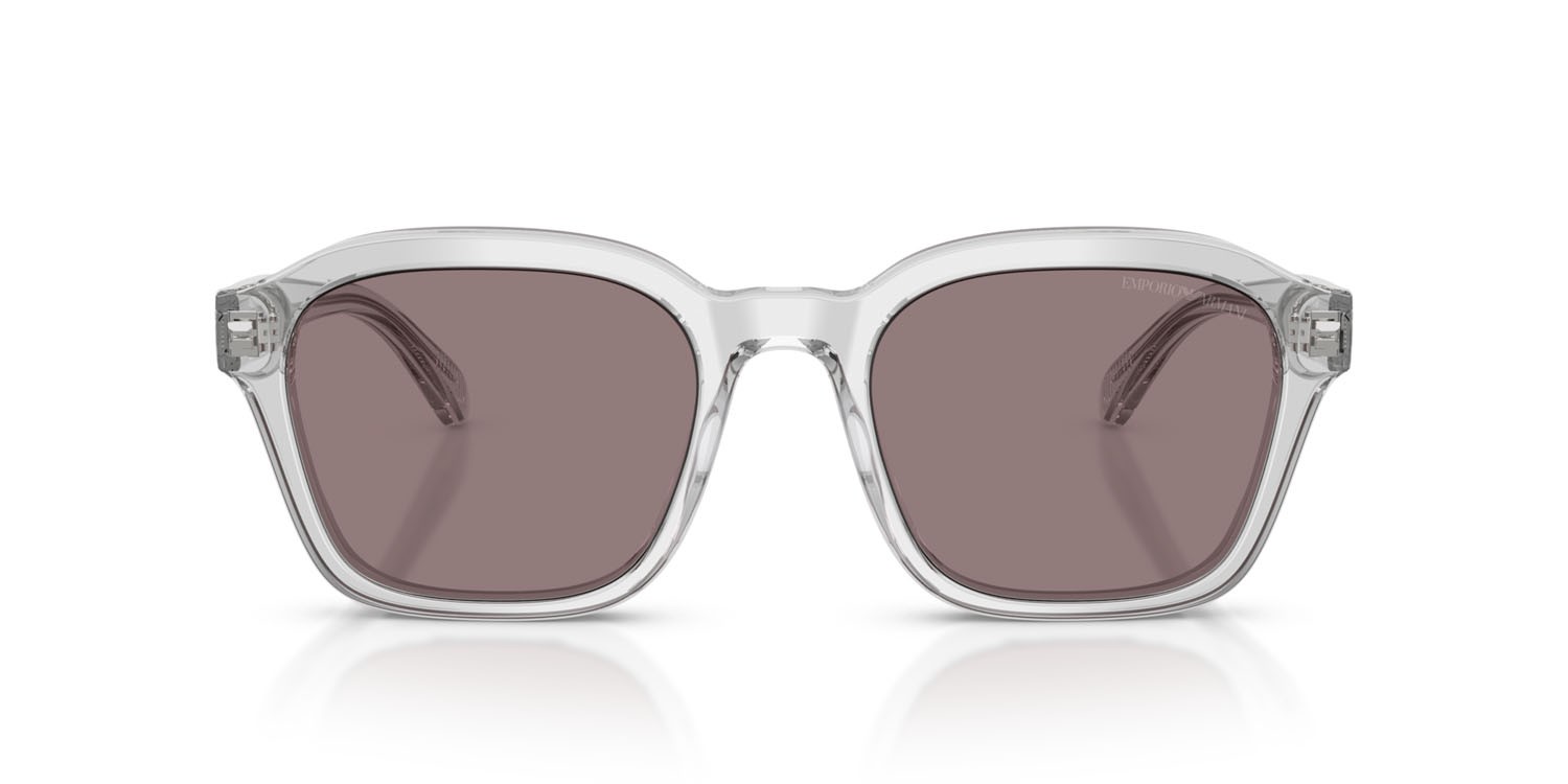 Occhiali da sole Emporio Armani EA 4245U (62507N) colore trasparente cristallo lucido forma irregolare lenti marrone violetto