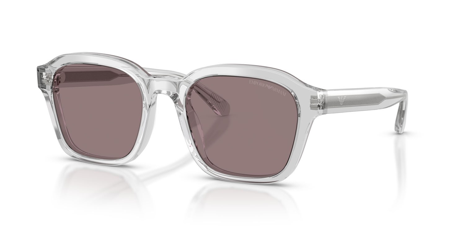 Occhiali da sole Emporio Armani EA 4245U (62507N) colore trasparente cristallo lucido forma irregolare lenti marrone violetto