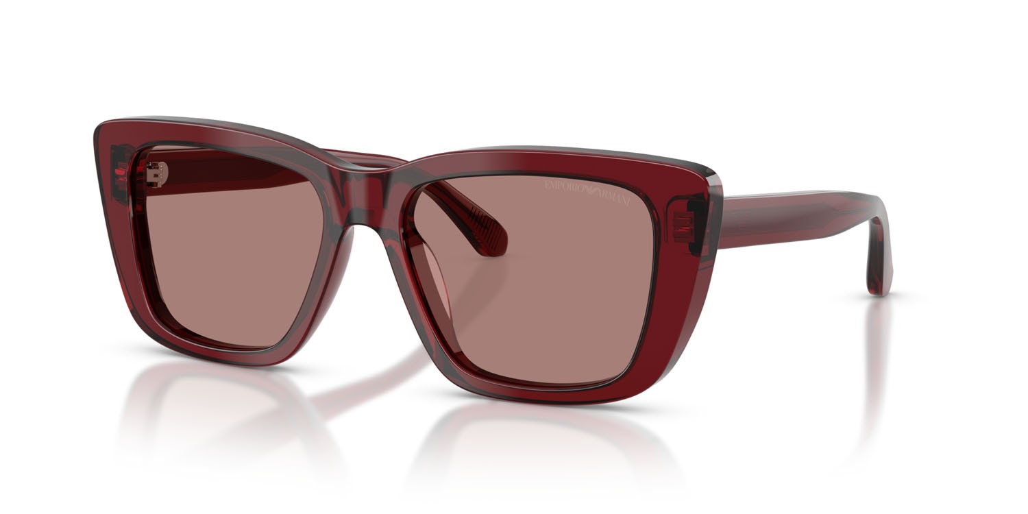 Sunglasses Emporio Armani EA 4246U (625473) color bordeaux brillante trasparente shape cat eye lenses marrone chiaro