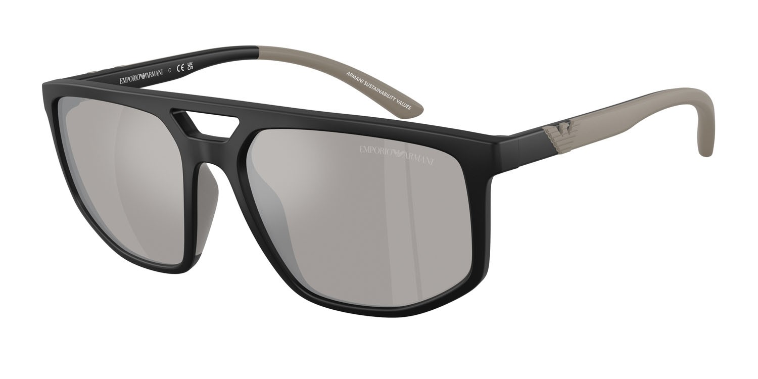 Occhiali da sole Emporio Armani EA 4248U (50016G) colore nero opaco forma aviator lenti grigio chiaro specchiato argento