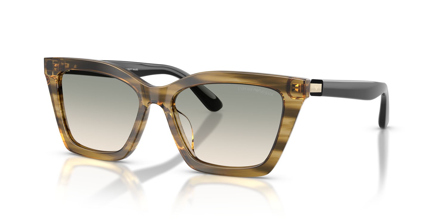 Occhiali da sole Emporio Armani EA 4250U (62672C) colore shiny striped green forma farfalla lenti verde sfumato