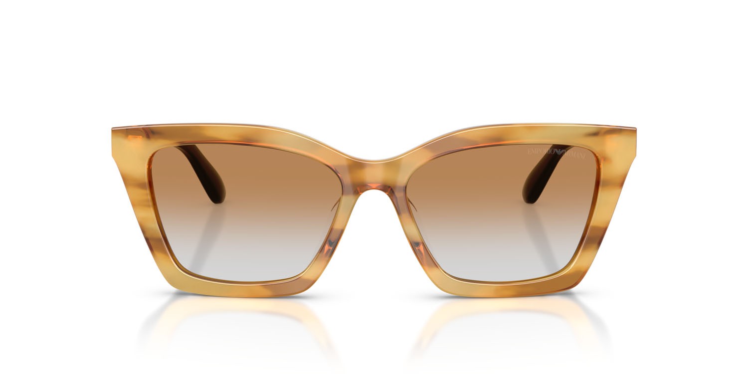 Occhiali da sole Emporio Armani EA 4250U (62692Q) colore miele a righe lucido forma farfalla lenti trasparente sfumato ocra