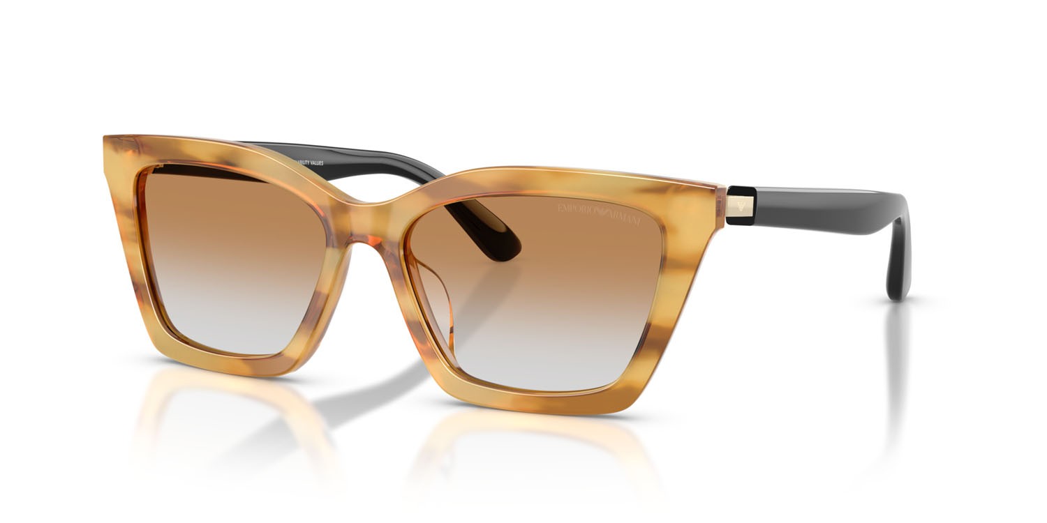 Occhiali da sole Emporio Armani EA 4250U (62692Q) colore miele a righe lucido forma farfalla lenti trasparente sfumato ocra