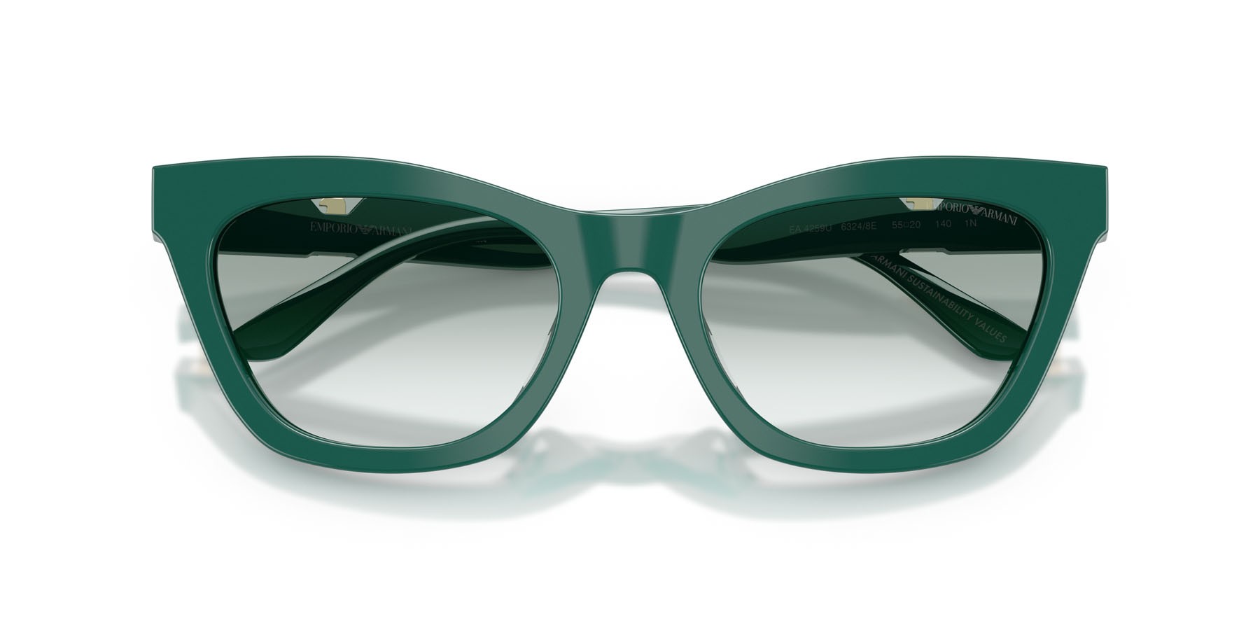 Sunglasses Emporio Armani EA 4259U (63248E) color verde lucido shape cat eye lenses trasparente sfumato verde