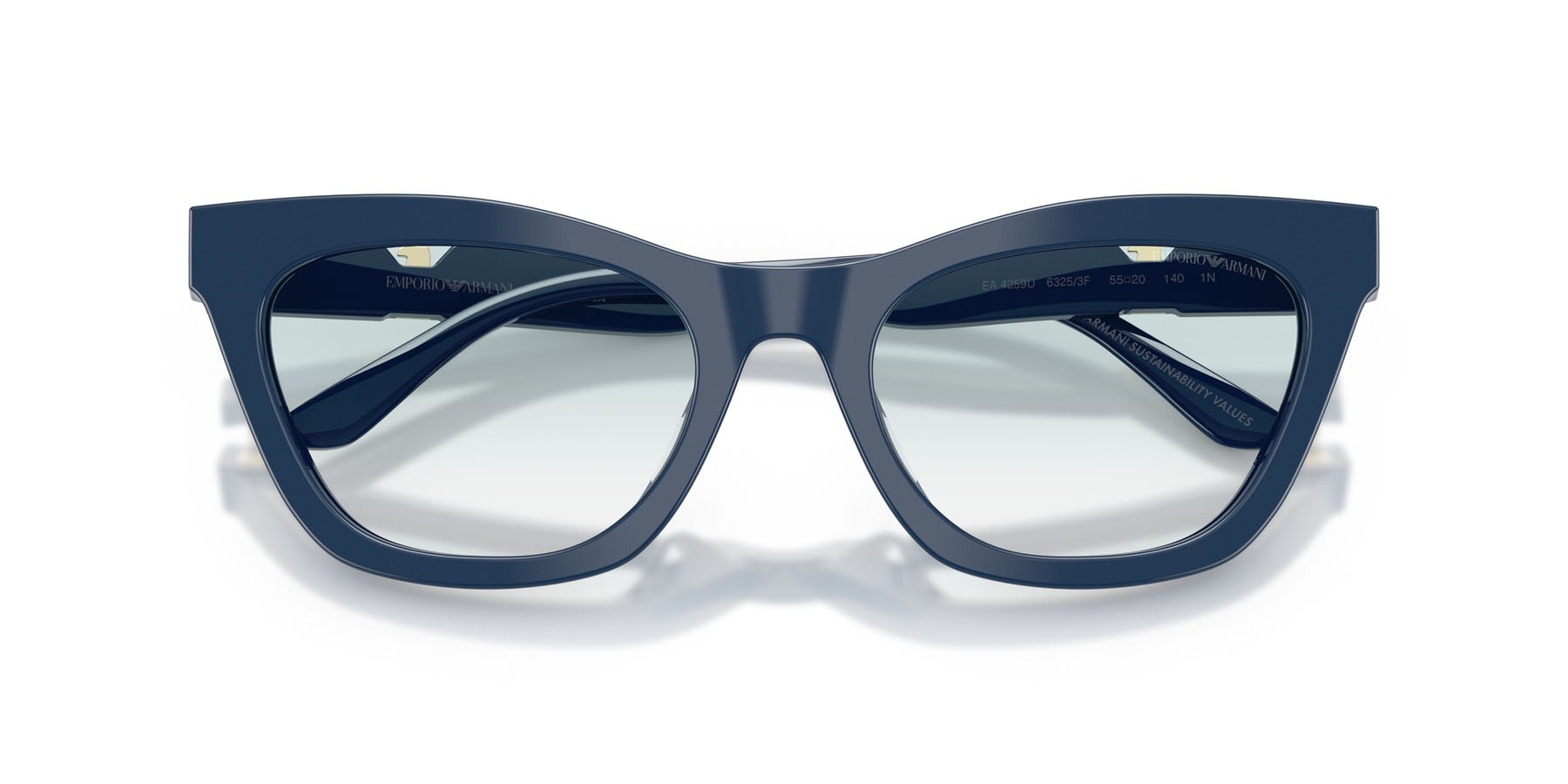 Sunglasses Emporio Armani EA 4259U (63253F) color blu lucido shape cat eye lenses trasparente sfumato blu