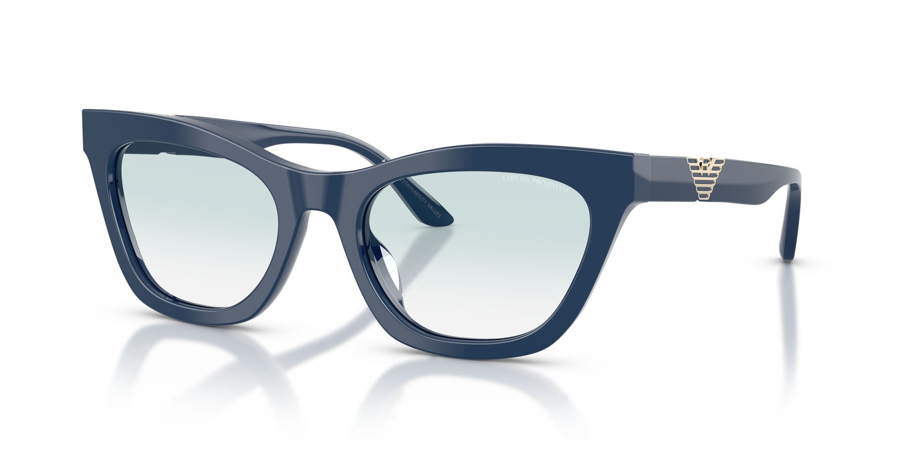 Sunglasses Emporio Armani EA 4259U (63253F) color blu lucido shape cat eye lenses trasparente sfumato blu