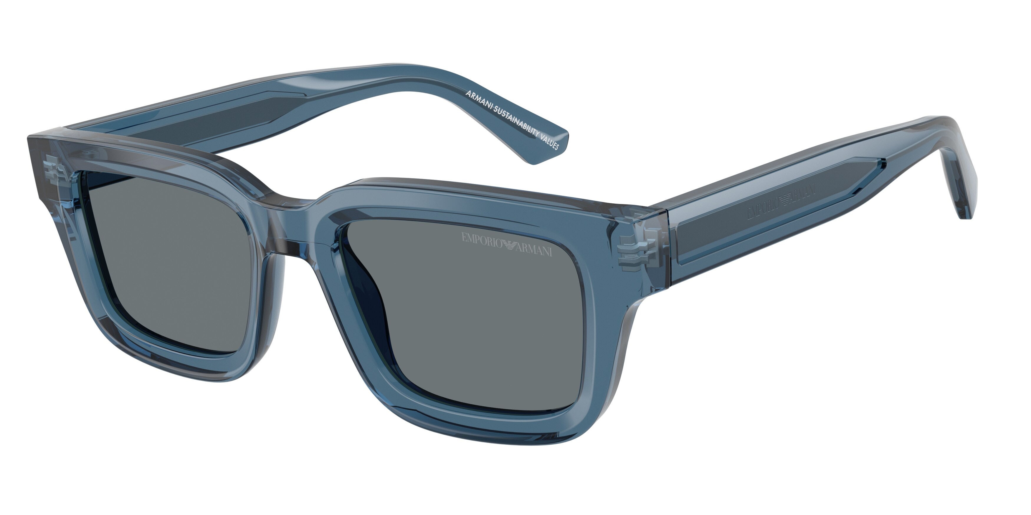 Occhiali da sole Emporio Armani EA 4270 (636280) colore blu trasparente lucido forma irregolare lenti blu scuro