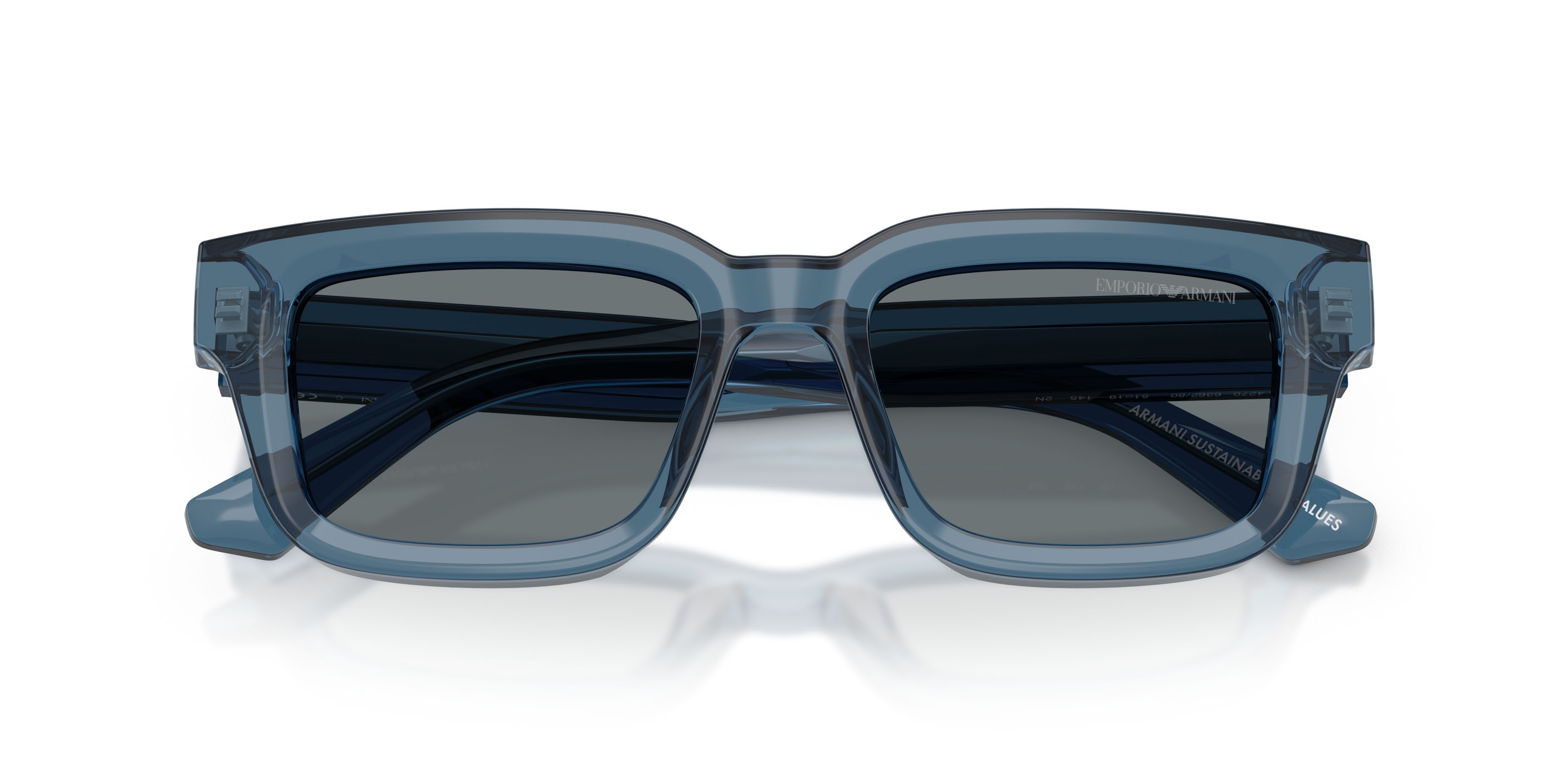 Occhiali da sole Emporio Armani EA 4270 (636280) colore blu trasparente lucido forma irregolare lenti blu scuro