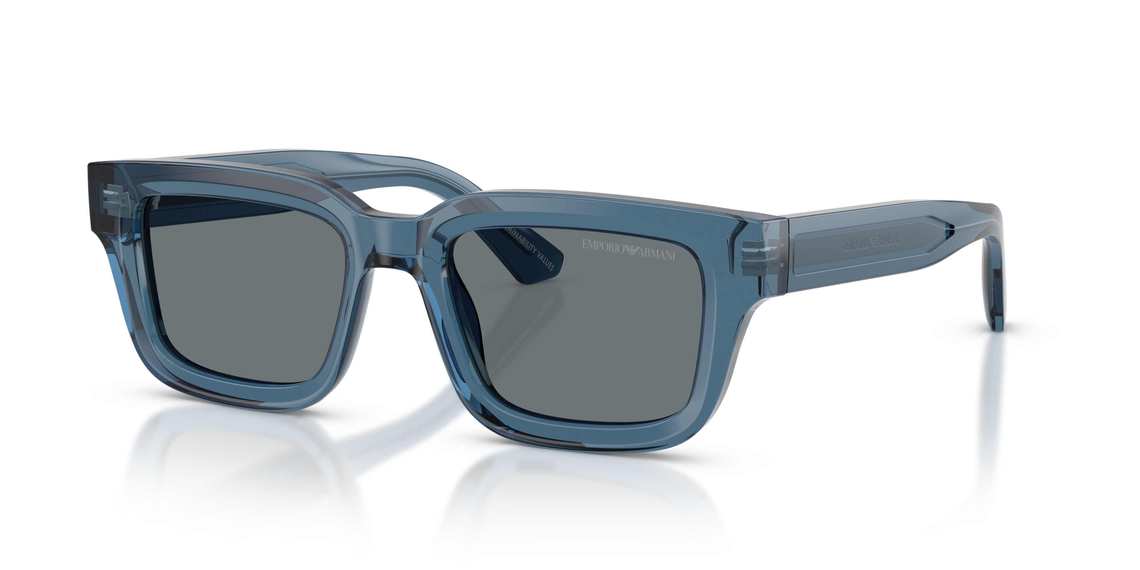 Occhiali da sole Emporio Armani EA 4270 (636280) colore blu trasparente lucido forma irregolare lenti blu scuro