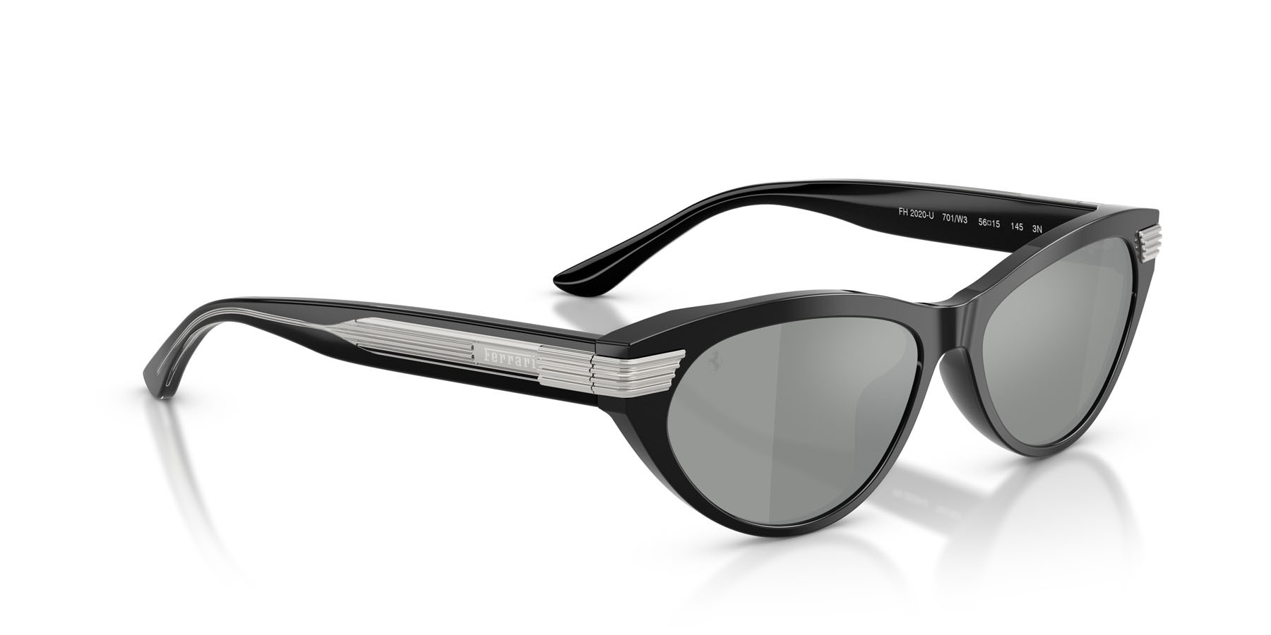 Occhiali da sole Ferrari FH 2020U (701/W3) colore nero lucido forma cat eye lenti grigio chiaro