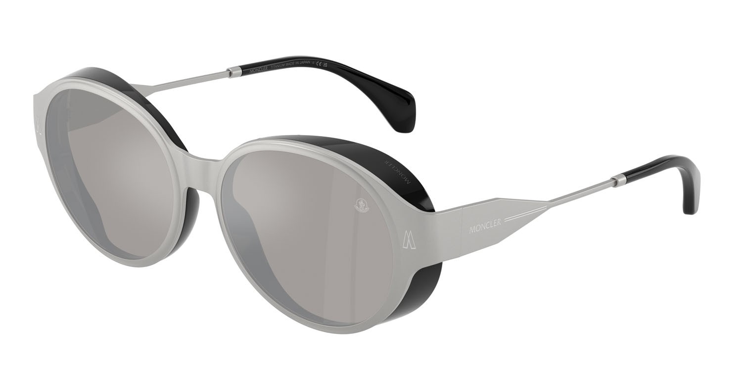 Occhiali da sole Moncler Auros ME 4005T (10046G) colore argento opaco forma rotondo lenti argento a specchio