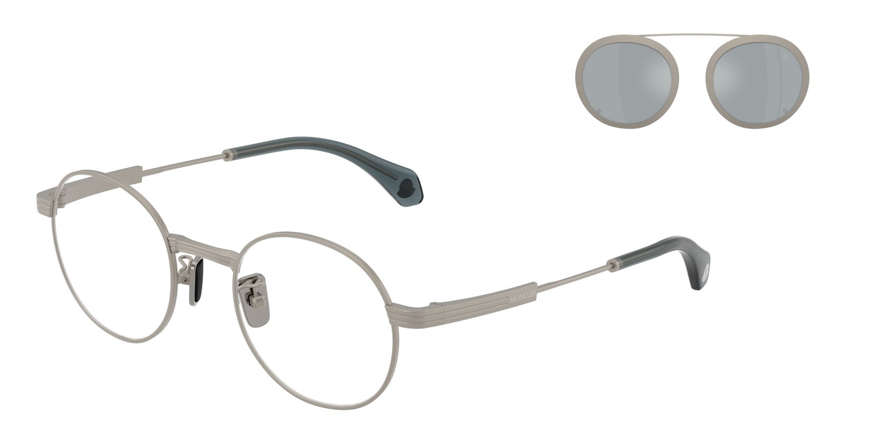 Occhiali da sole Moncler Suffuse ME 4015T (10046G) colore argento opaco forma rotondo lenti blu a specchio