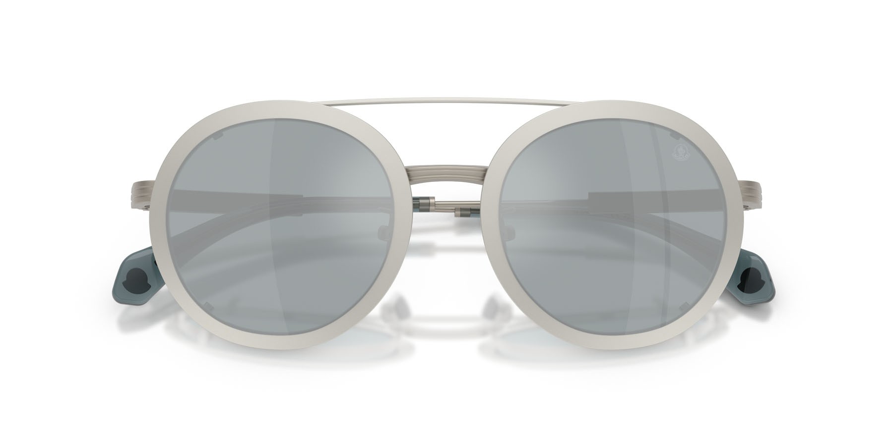 Occhiali da sole Moncler Suffuse ME 4015T (10046G) colore argento opaco forma rotondo lenti blu a specchio