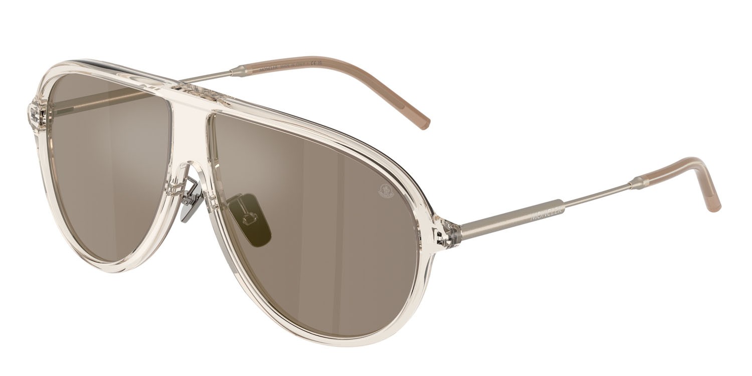 Occhiali da sole Moncler Glyde ME 6009 (30035A) colore burro lucido trasparente forma aviator lenti mirror brown gold