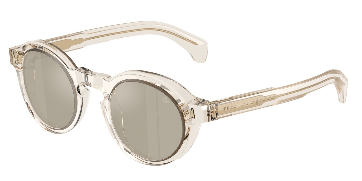 Sunglasses Moncler Aurone ME 6012 (30035A) color burro lucido trasparente shape round lenses mirror brown gold