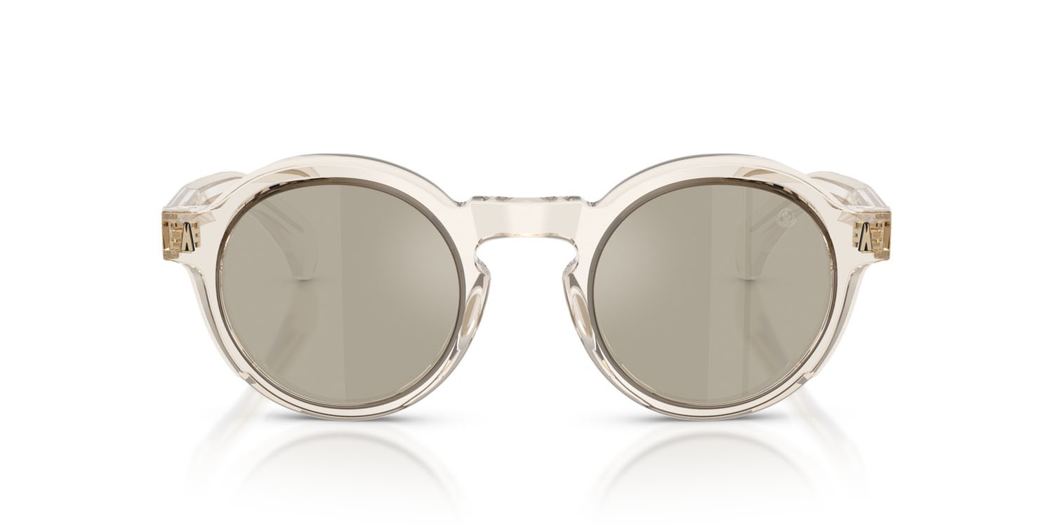 Sunglasses Moncler Aurone ME 6012 (30035A) color burro lucido trasparente shape round lenses mirror brown gold