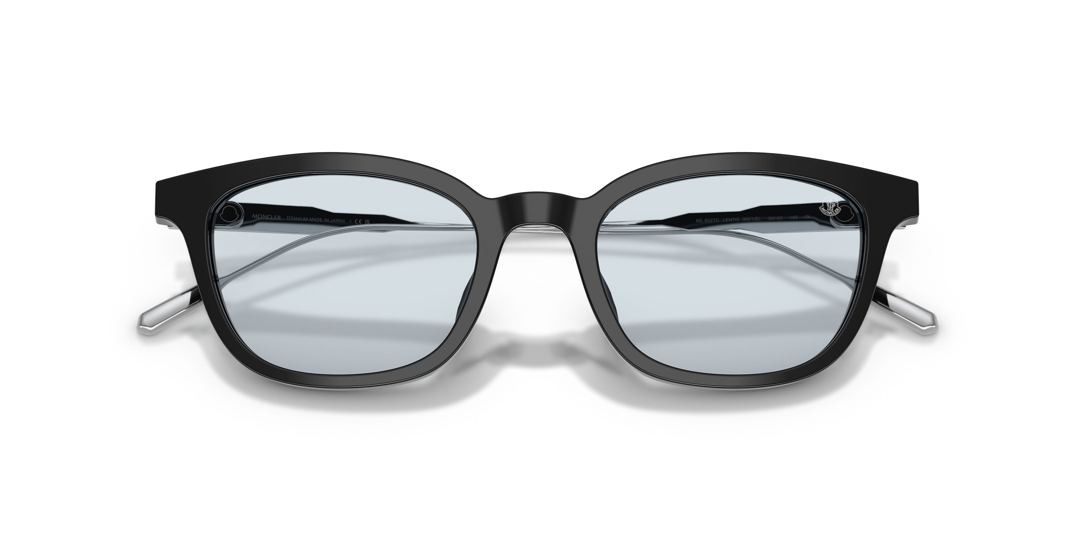 Occhiali da sole Moncler Lentis ME 6027D (3001EL) colore nero lucido forma pantos lenti celeste tinta unita