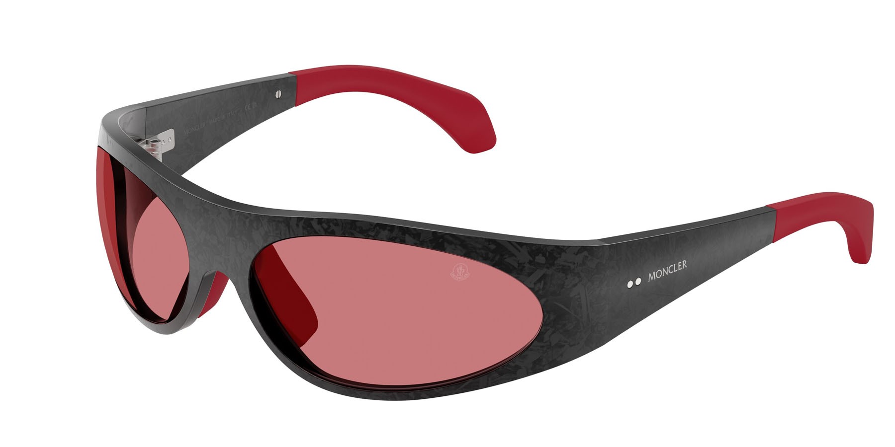 Sunglasses Moncler Inara ME 7001 (9002/1) color carbonio nero semi-lucido shape oval lenses rosso tinta unita