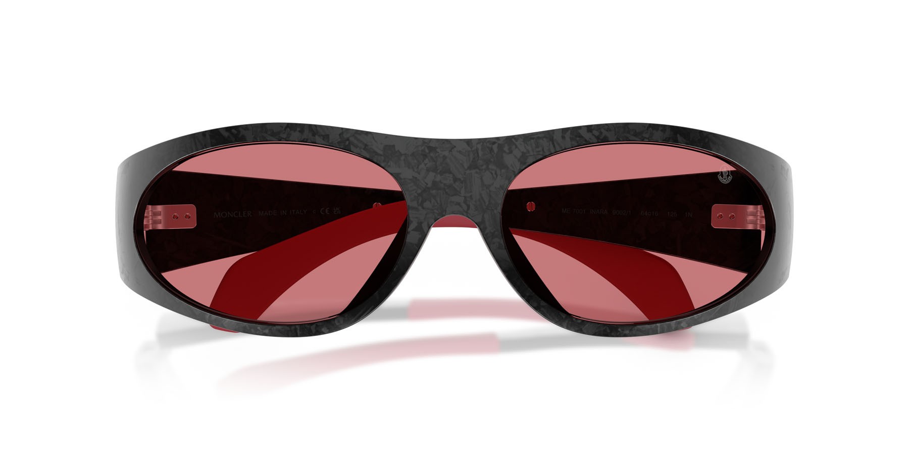 Sunglasses Moncler Inara ME 7001 (9002/1) color carbonio nero semi-lucido shape oval lenses rosso tinta unita
