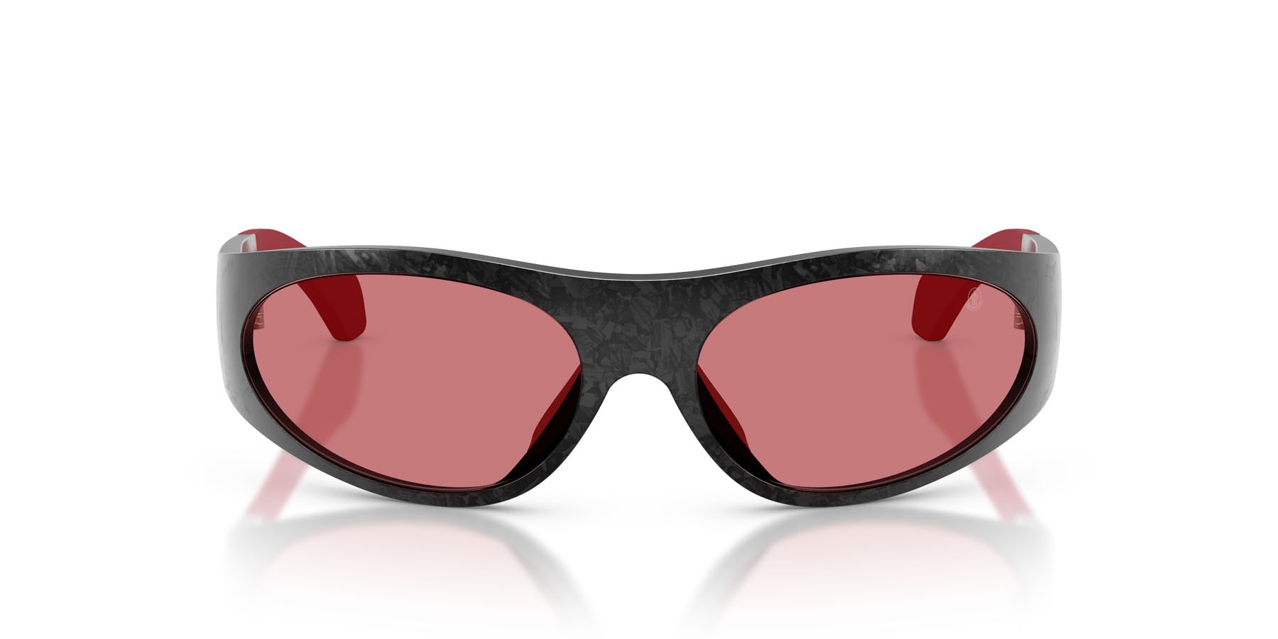 Sunglasses Moncler Inara ME 7001 (9002/1) color carbonio nero semi-lucido shape oval lenses rosso tinta unita