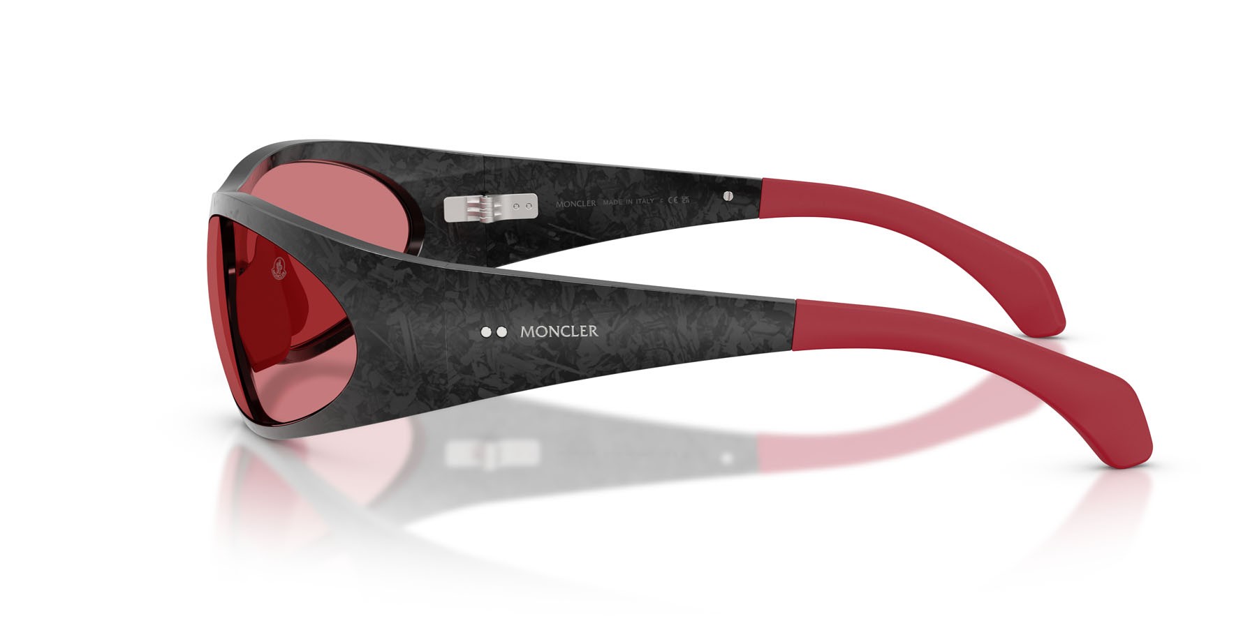 Sunglasses Moncler Inara ME 7001 (9002/1) color carbonio nero semi-lucido shape oval lenses rosso tinta unita