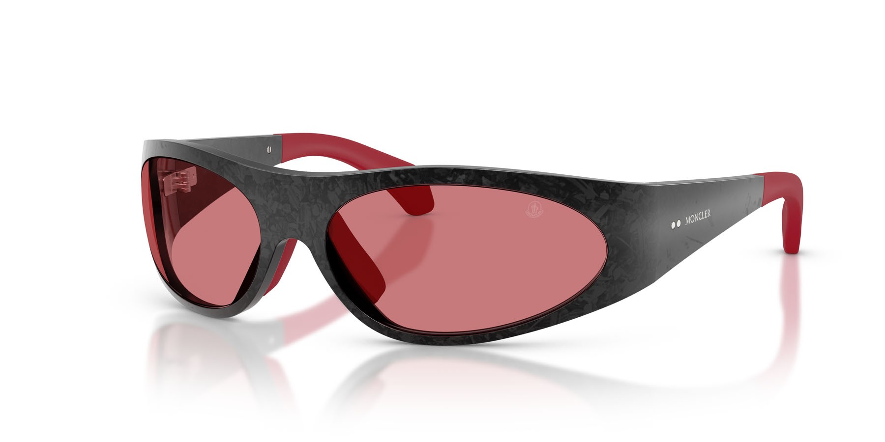 Sunglasses Moncler Inara ME 7001 (9002/1) color carbonio nero semi-lucido shape oval lenses rosso tinta unita