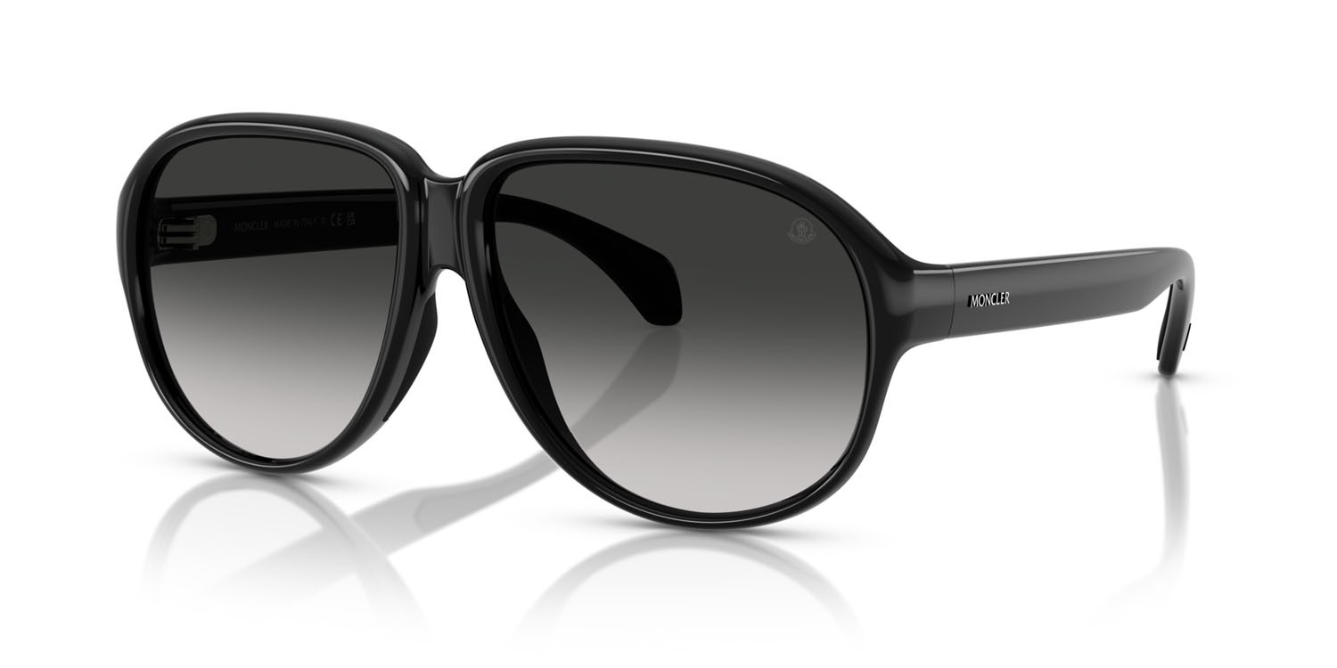 Occhiali da sole Moncler Halcyonne ME 8001 (50013C) colore nero lucido forma aviator lenti grigio chiaro sfumato nero