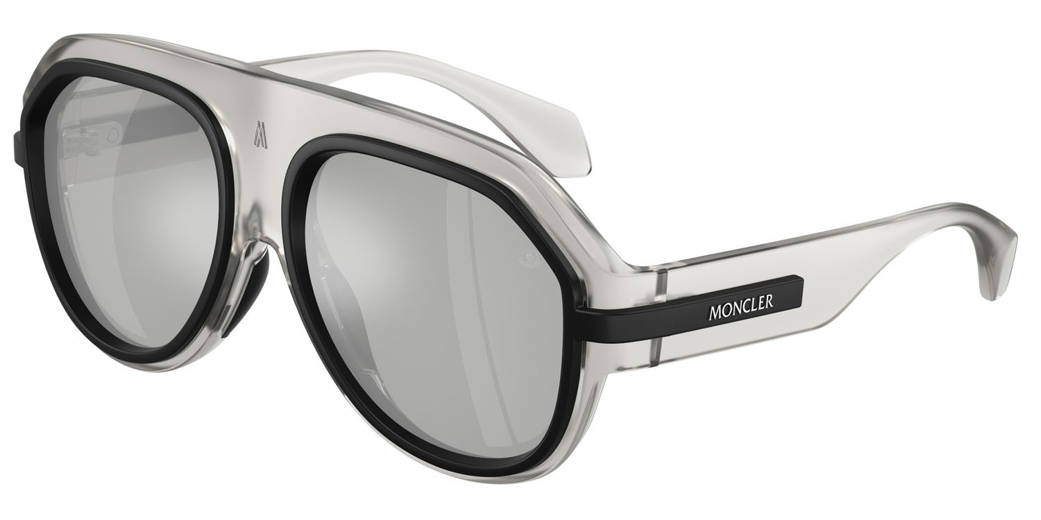 Sunglasses Moncler Fynder ME 8012U (50078V) color grigio opaco trasparente shape aviator lenses argento a specchio