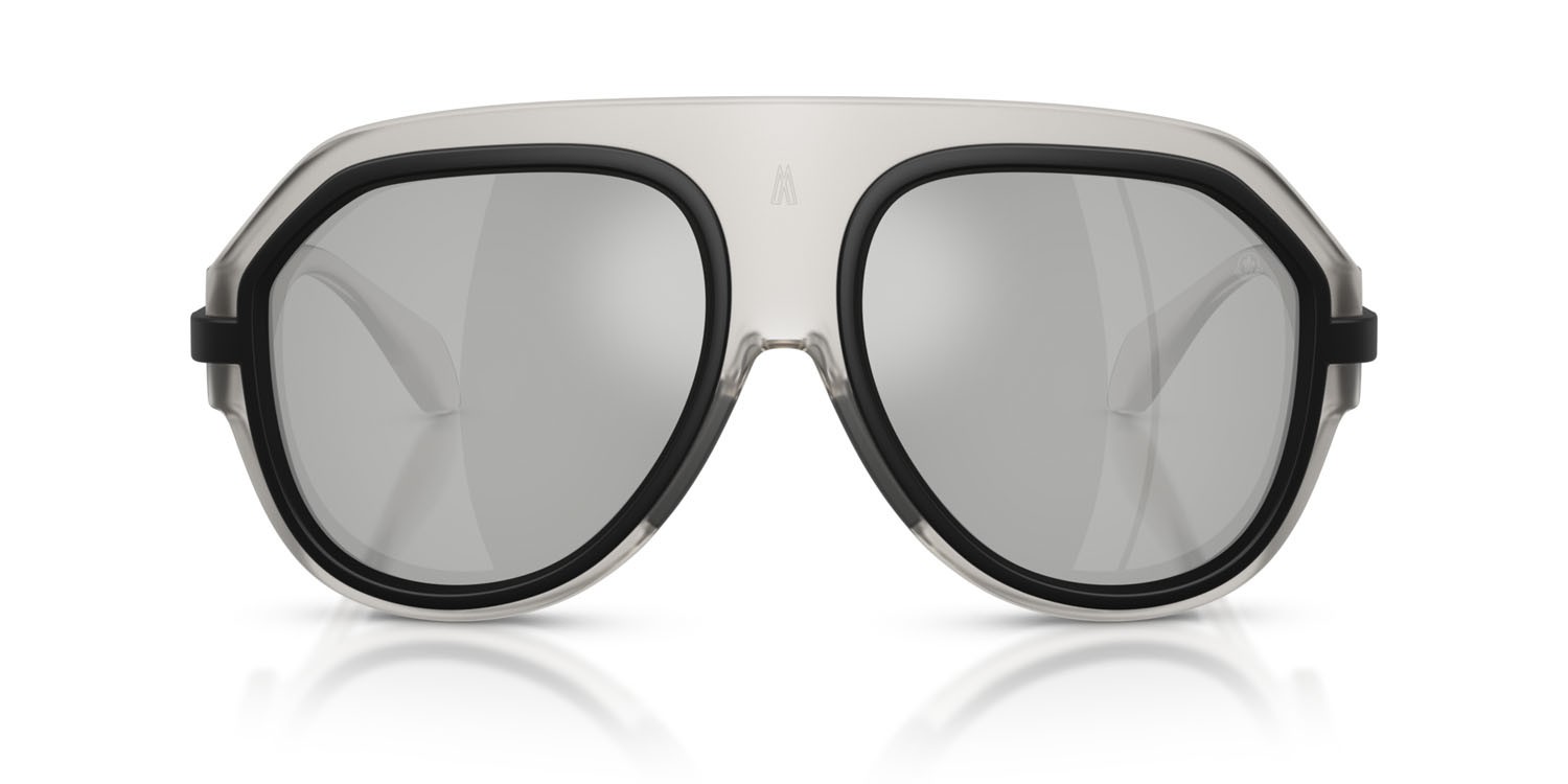 Sunglasses Moncler Fynder ME 8012U (50078V) color grigio opaco trasparente shape aviator lenses argento a specchio